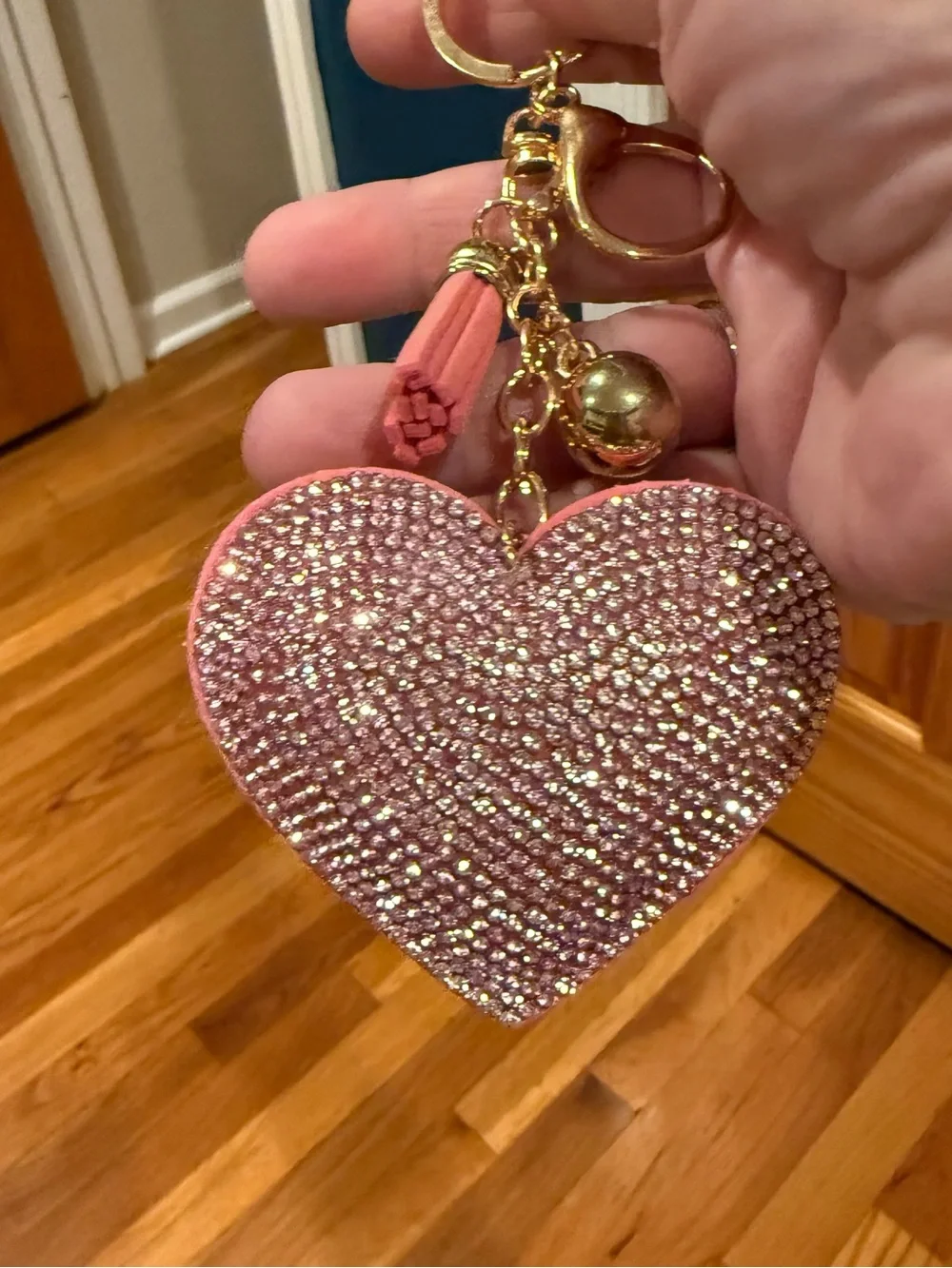 Sparkling Pink Heart Keychain Charm with Tassel